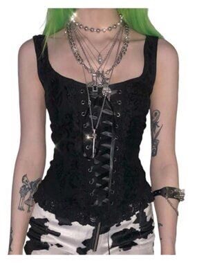 Gothic Lace Trim Cami Halter Tank Top Punk Velvet Sleeveless